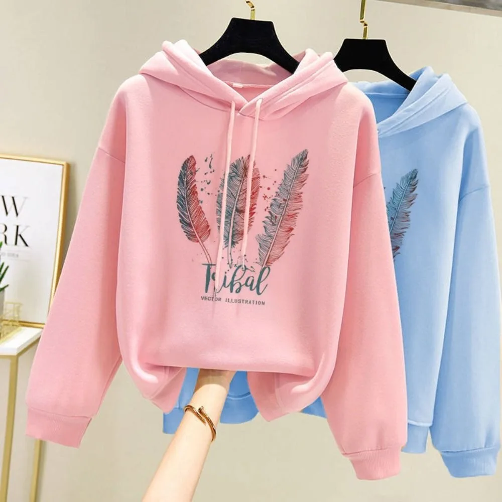 Long Sleeve Feather Printed Hoodies with Fluff Thickening Women Loose Sweatshirt Plus Size with Drawstring Hood