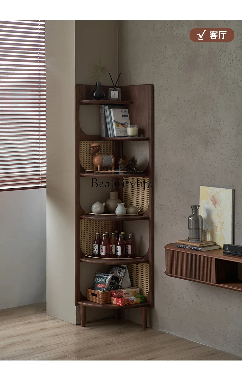 

Corner Storage Rack Rattan Corner Cabinet Black Walnut Floor Bookshelf Triangle Cabinet Corner Flower Stand Side Cabinet