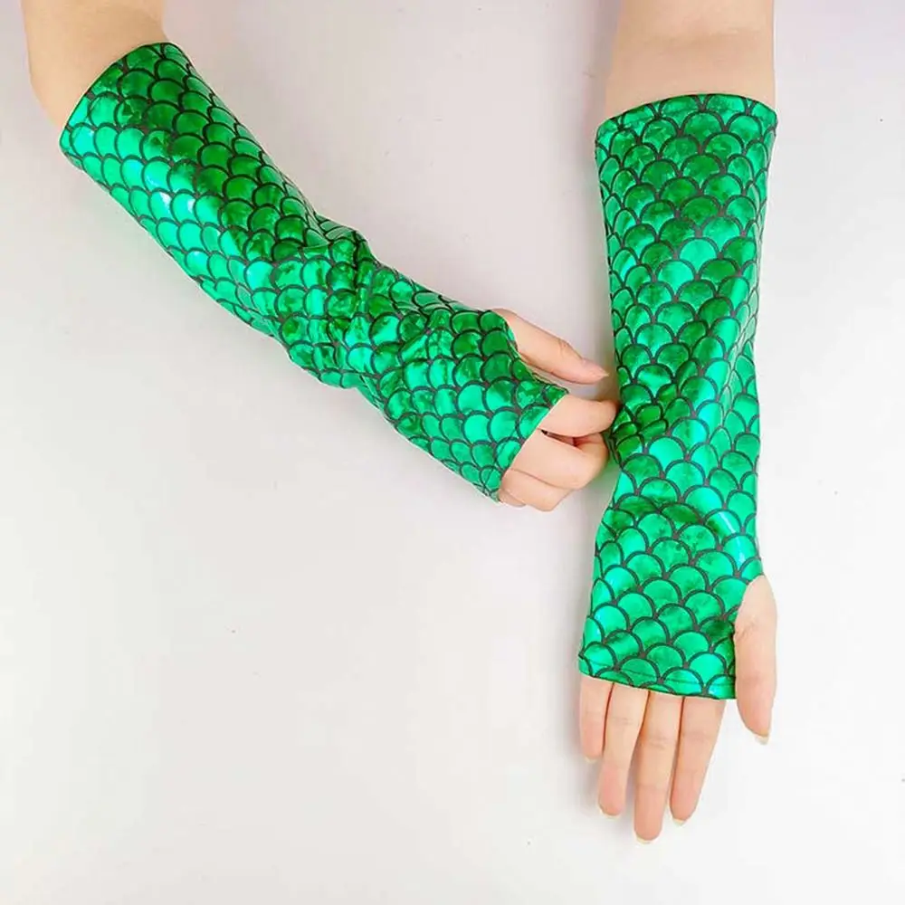 Fancy Colorful Fingerless Gloves Fish Scale Long Arm Sleeves Gothic Mittens Adult
