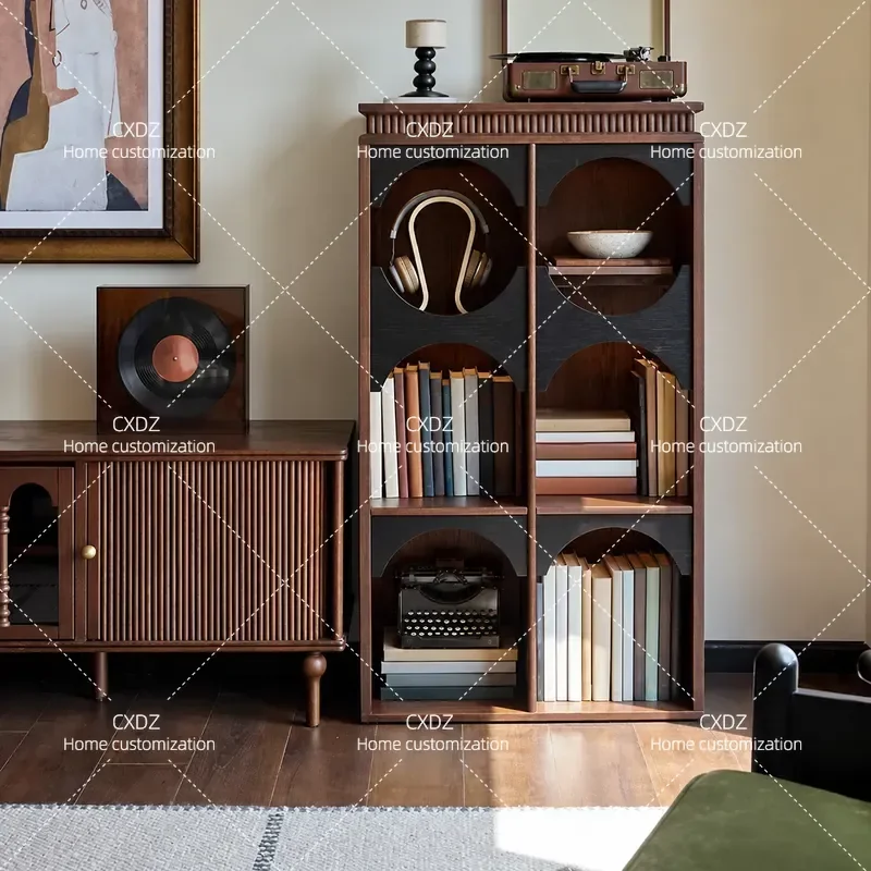 Huanmeng Three Layer Retro Two Tone Solid Wood Display Cabinet Entrance Storage Bookcase Living Room TV Side Console