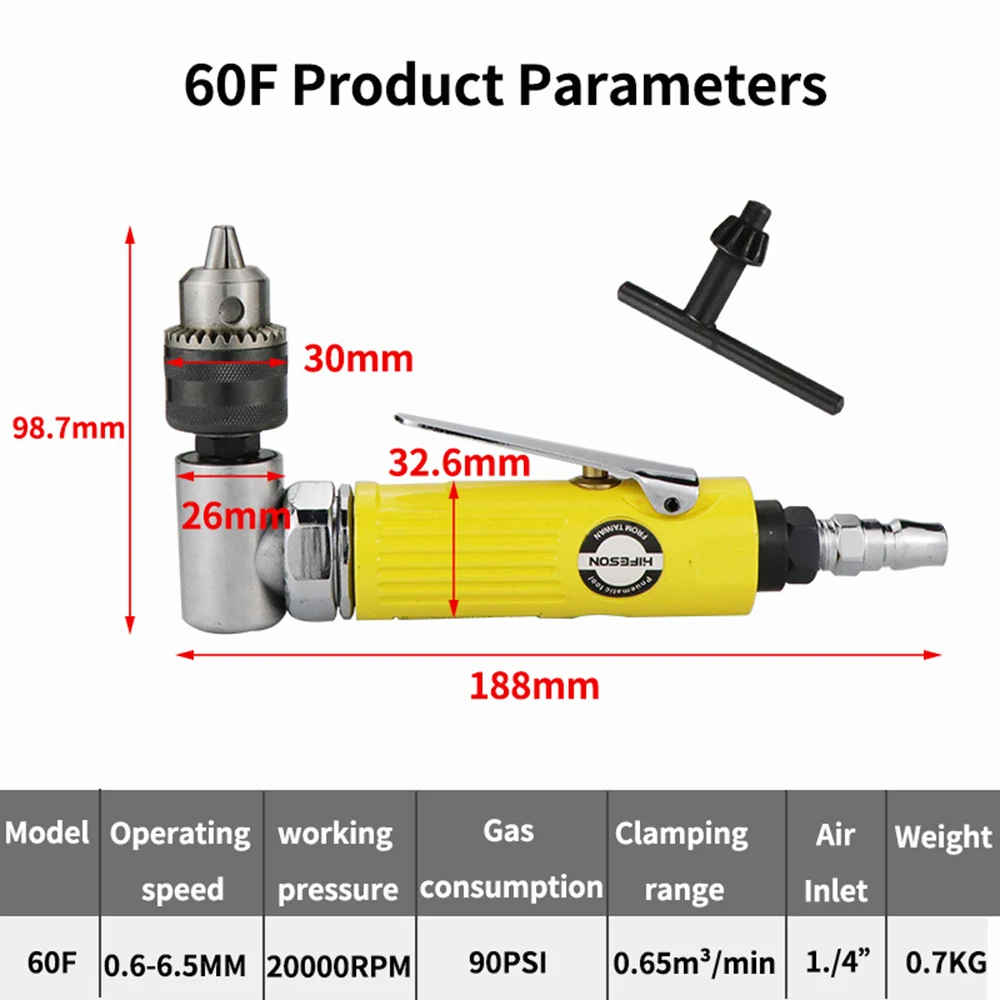 HIFESON 90 °Pneumatic Drill 3/8 Air Drill High-speed Mini Drill Corner Drill Bits Machine