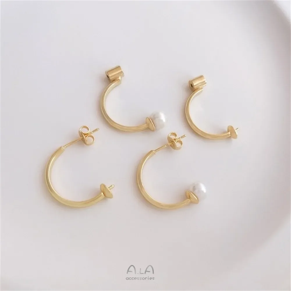 925 Tremella Needle 14K Gold-coated C-shaped Half-hole Beaded Earrings with Earplugs Pearl Earrings Diy Earrings Accessories