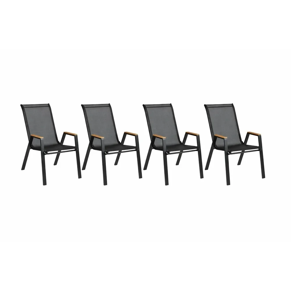 Patio Chairs Outdoor Chairs Set of 4 Stackable Patio Sling Chairs with Faux Teak Arm Rest Textilene Fabric Metal Frame Wider