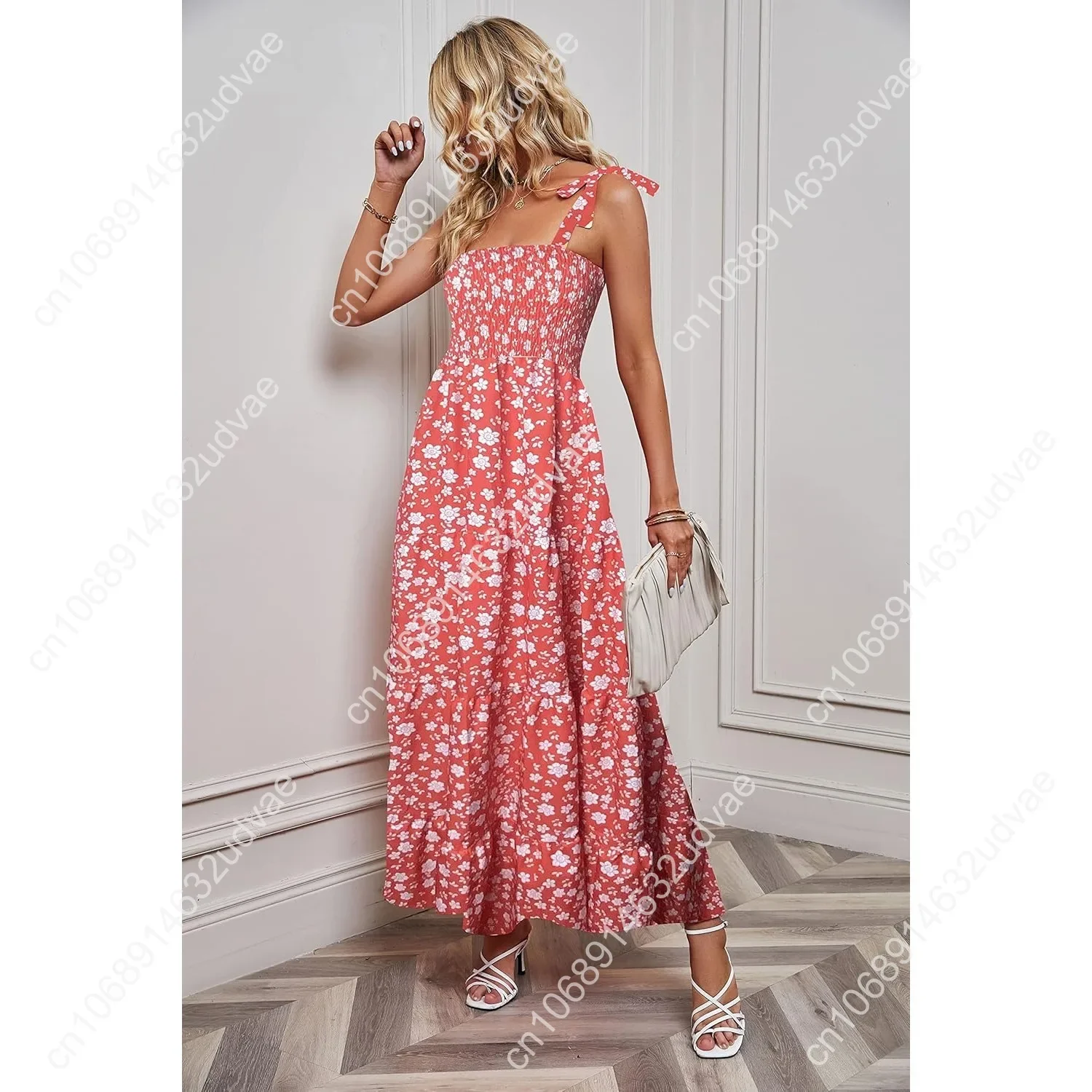 

Women's Summer Boho Spaghetti Strap Square Neck Ruffle Casual Flowy Long Dress Beach Swing Party Maxi Dress