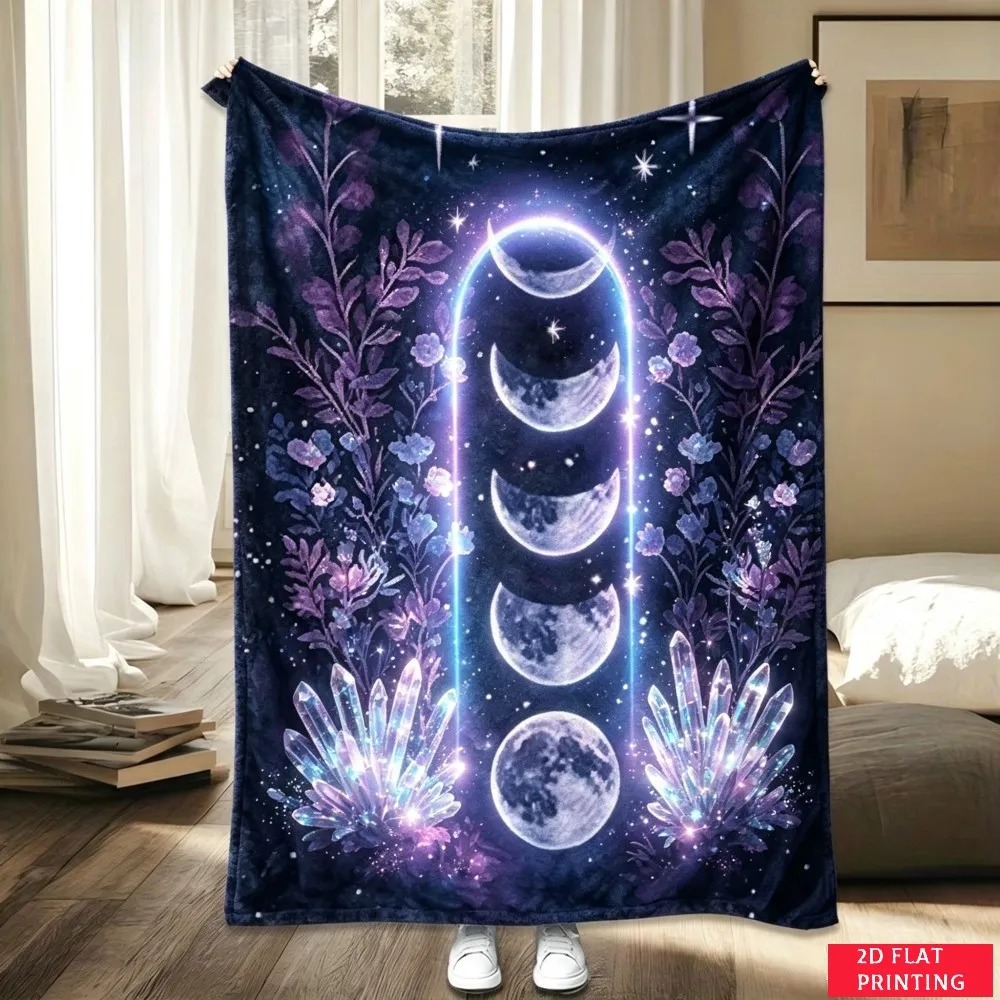 Moon Phase Crystal Mystical Spiritual Flannel Blanket For Meditative Bedroom Decor Soft Warm Throw Blanket Gift