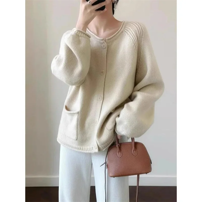 Lazy Wind Women Fashion Knitted Design sense Female Loose Knitting Cardigan Autumn Winter Ladies Lantern Sleeve Sweater Tops
