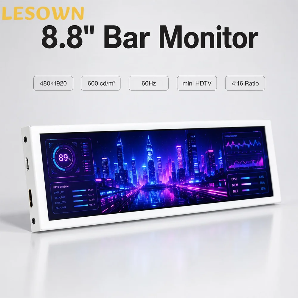 LESOWN Pure White 8.8 Inch Driverless External Monitor Vertical Sub-screen 1920x480 MiniHDTV 60Hz