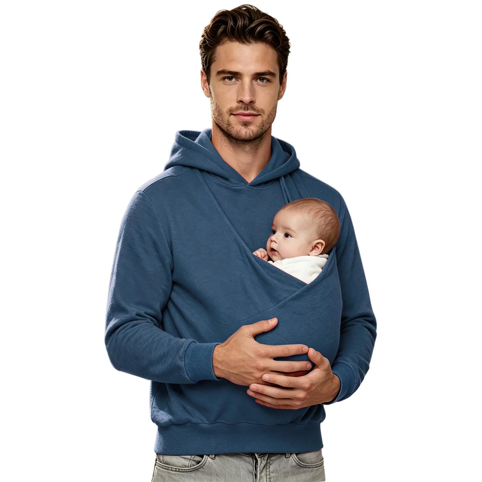 Herren-Känguru-Hoodie für Väter und Babytragen, einfarbig, mit großer Tasche vorne, Kapuzen-Sweatshirt, lässiger Langarm-Pullover – Detail 29