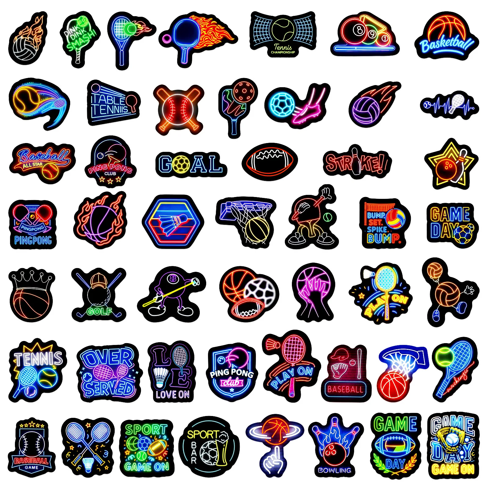 50 STKS Grappige Neon Stijl Stickers Bal Sport Cartoon Decals DIY Kinderen Speelgoed Bagage Laptop Gitaar Auto Fiets Skateboard Decoratie