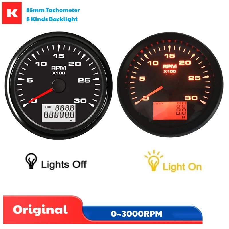 

Car 85mm 0-3000RPM Revolution Meters Boat Pulse Signal Tachometers Black Rev Counters with Hourmeters & 8 Kinds Backlight Color