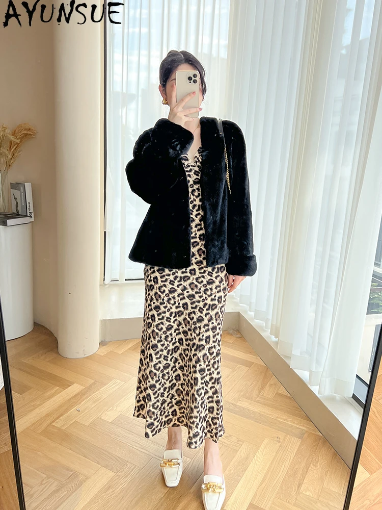 AYUNSUE Giacca in pelliccia di visone in velluto naturale Donna con scollo a V Giacca invernale in visone intero di lusso per abiti da donna Alta qualità │фта Сadeirasхом