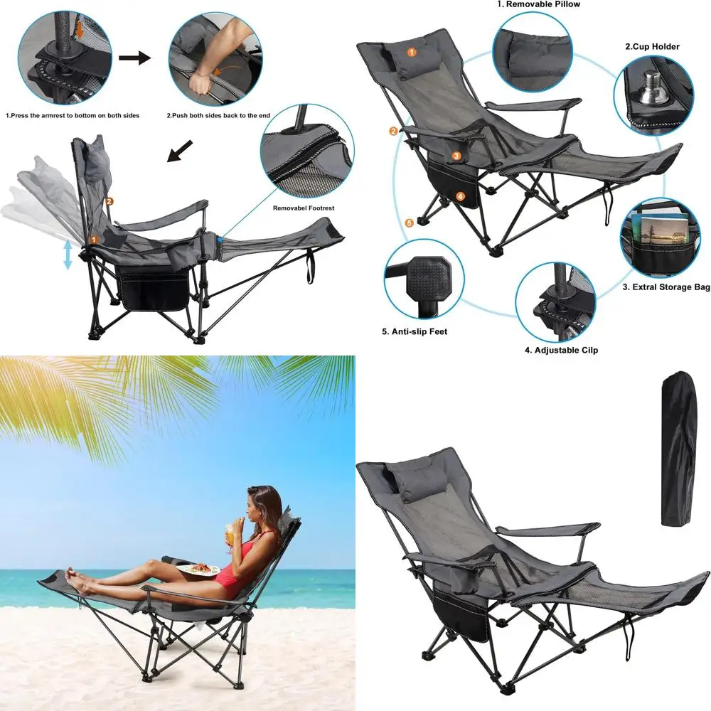 

Складной кемпинговый стул с подставкой для ног, складное кресло для кемпинга с подстаканником и съемной сумкой для хранения, прочный пляжный стул