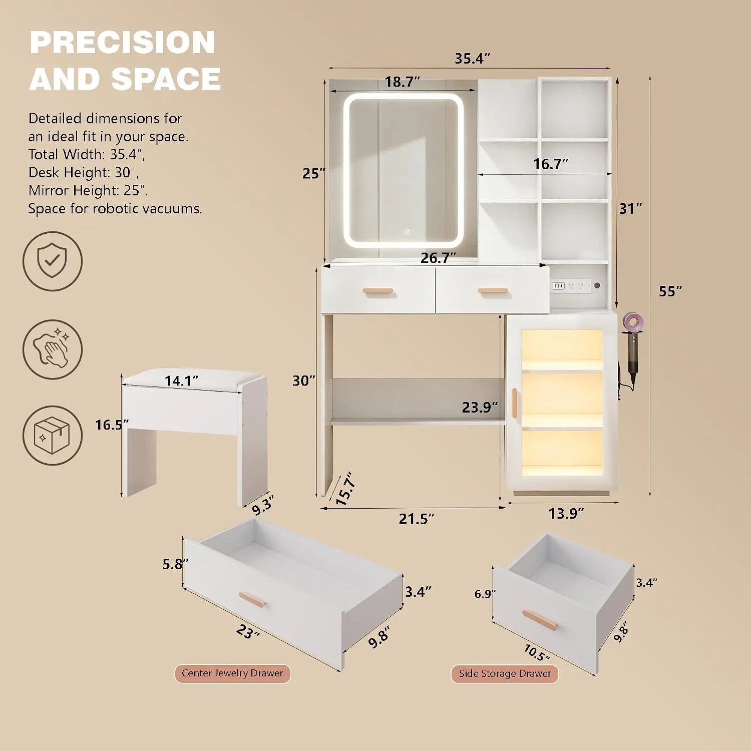 White Makeup Vanity Desk with LED Lighted Mirror & Charging Station, Vanity Set with Tempered Cabinet, 5 Drawers, Customized