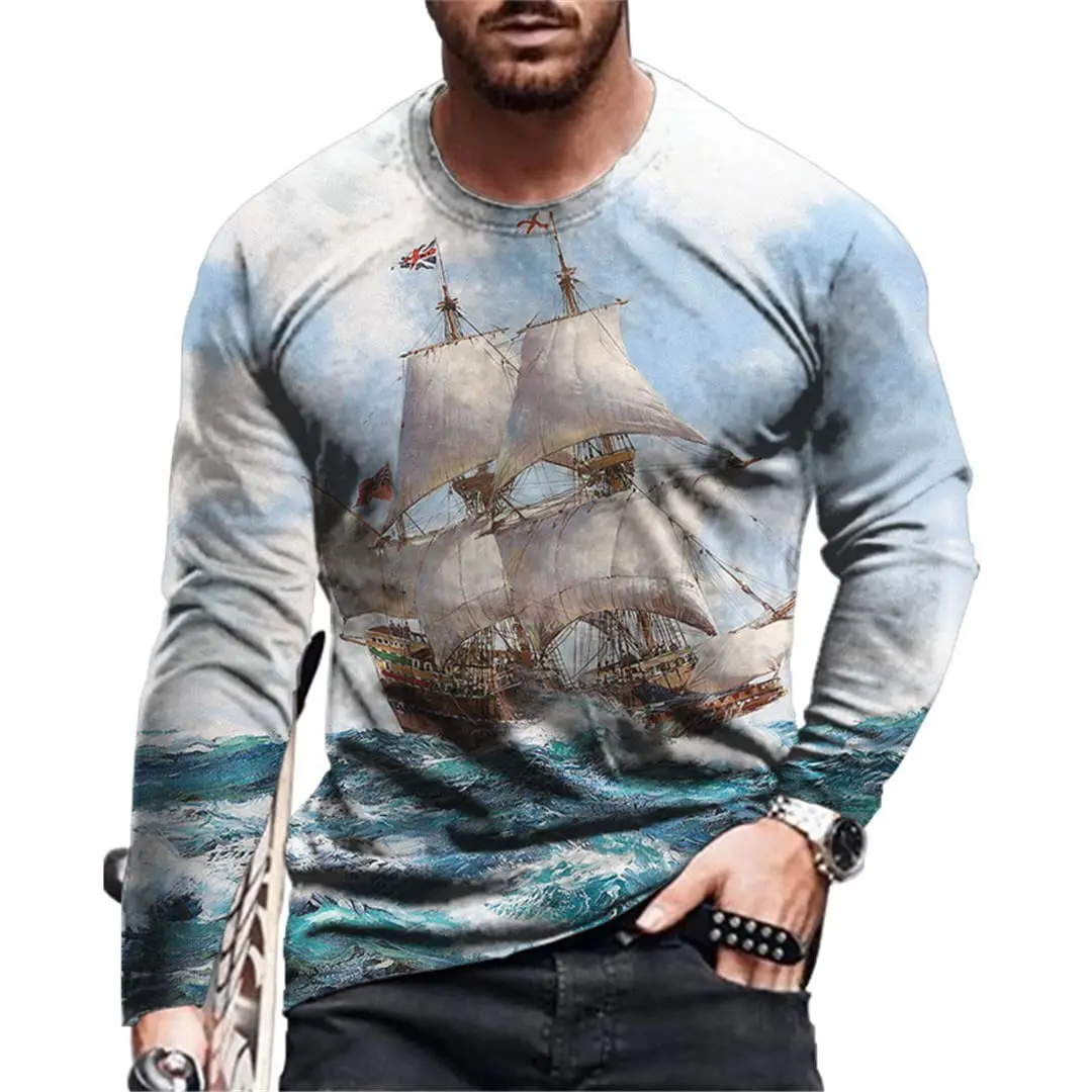 Herren Langarm Vintage T-Shirt mit 3D-Navigationsschiff-Druck Grafik-T-Shirt Kleidung Ärmeloberteil Herren Streetwear Top