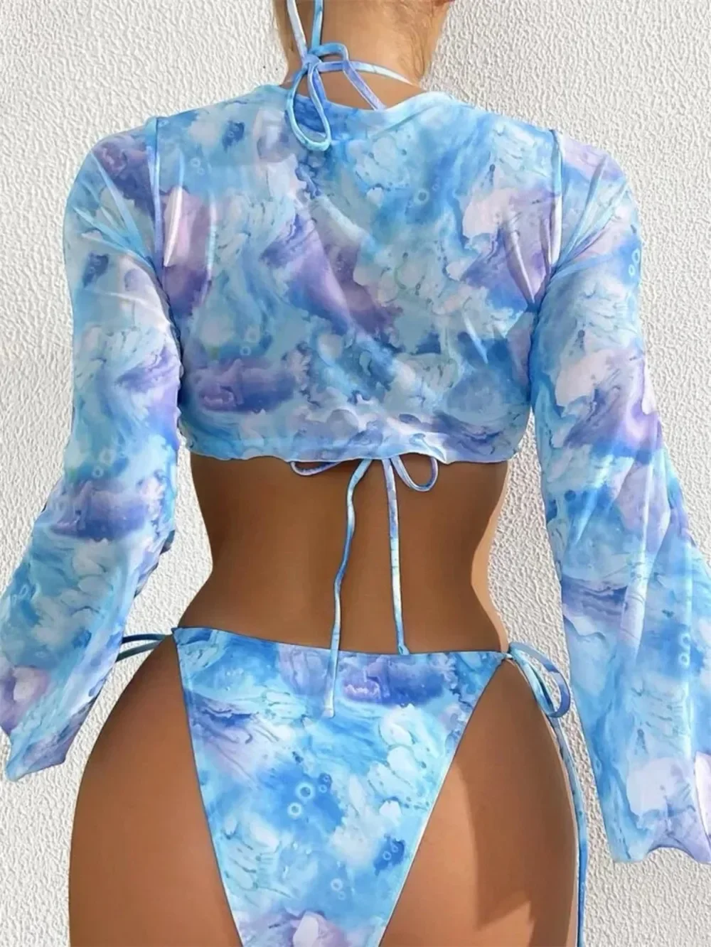 Sexy Blue Tie Dye 3-częściowy zestaw bikini dla kobiet z długim rękawem i wiązaniem z przodu Strój kąpielowy 2024 Strój kąpielowy z wiązaniem z boku