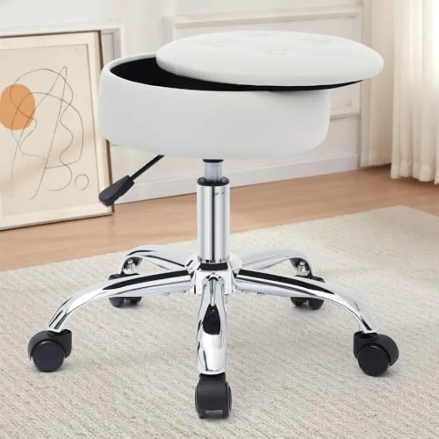 Vanity Chair with Wheels Adjustable Vanity Stool with Storage Swivel Vanity Stool for Vanity Rolling Makeup Chair White