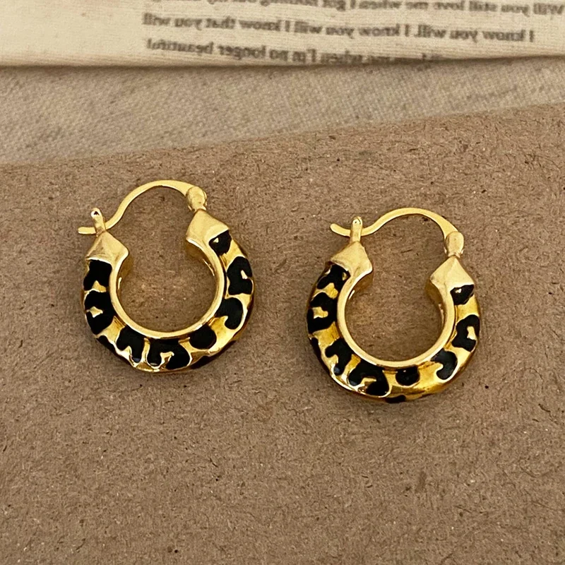 

Real 925 Sterling Silver 18K Gold Enamel Leopard Print Round Hoop Earrings for Women Sexy Fine Jewelry Trendy Accessories