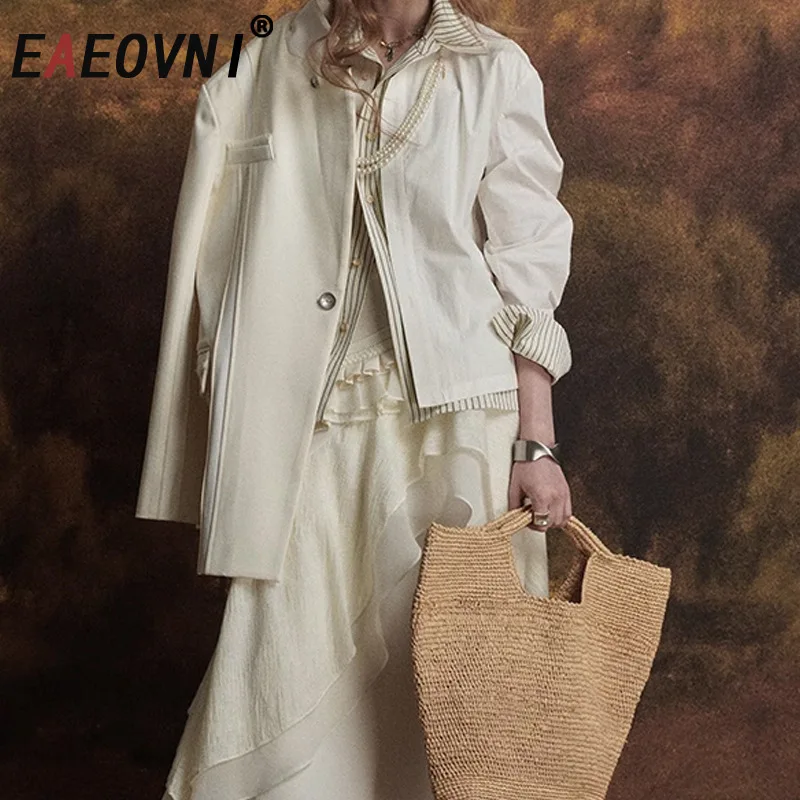 

EAEOVNI полосатая лоскутная дизайнерская рубашка для женщин, модная блузка с длинными рукавами и лацканами, элегантная осенняя новая одежда 2025 г.