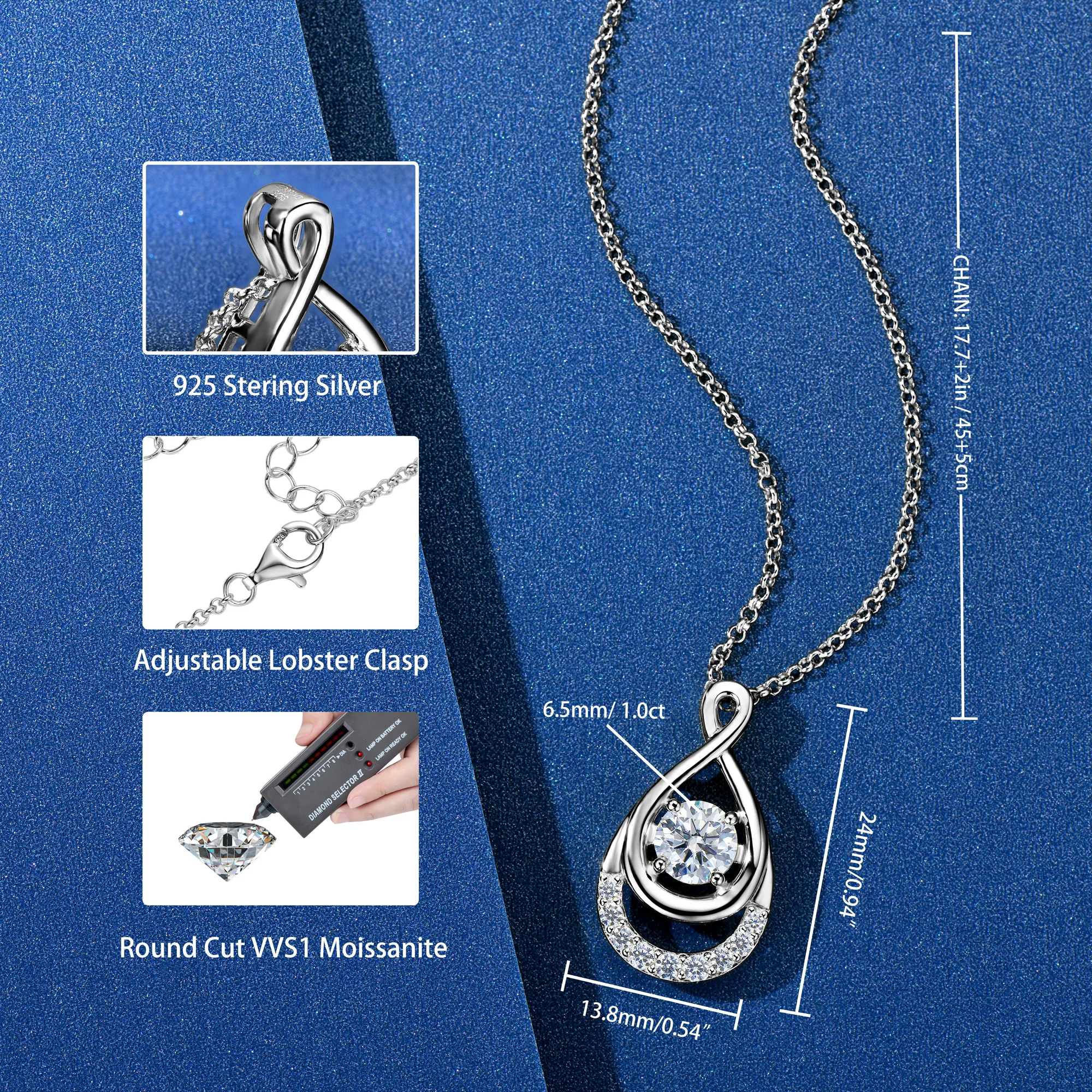 OXTAO 1.0ct 6.5 مللي متر D اللون مويسانيتي الماس S925 الفضة إنفينيتي قلادة قلادة سلسلة الترقوة قلادة خاتم هدايا مجوهرات أنيقة #6