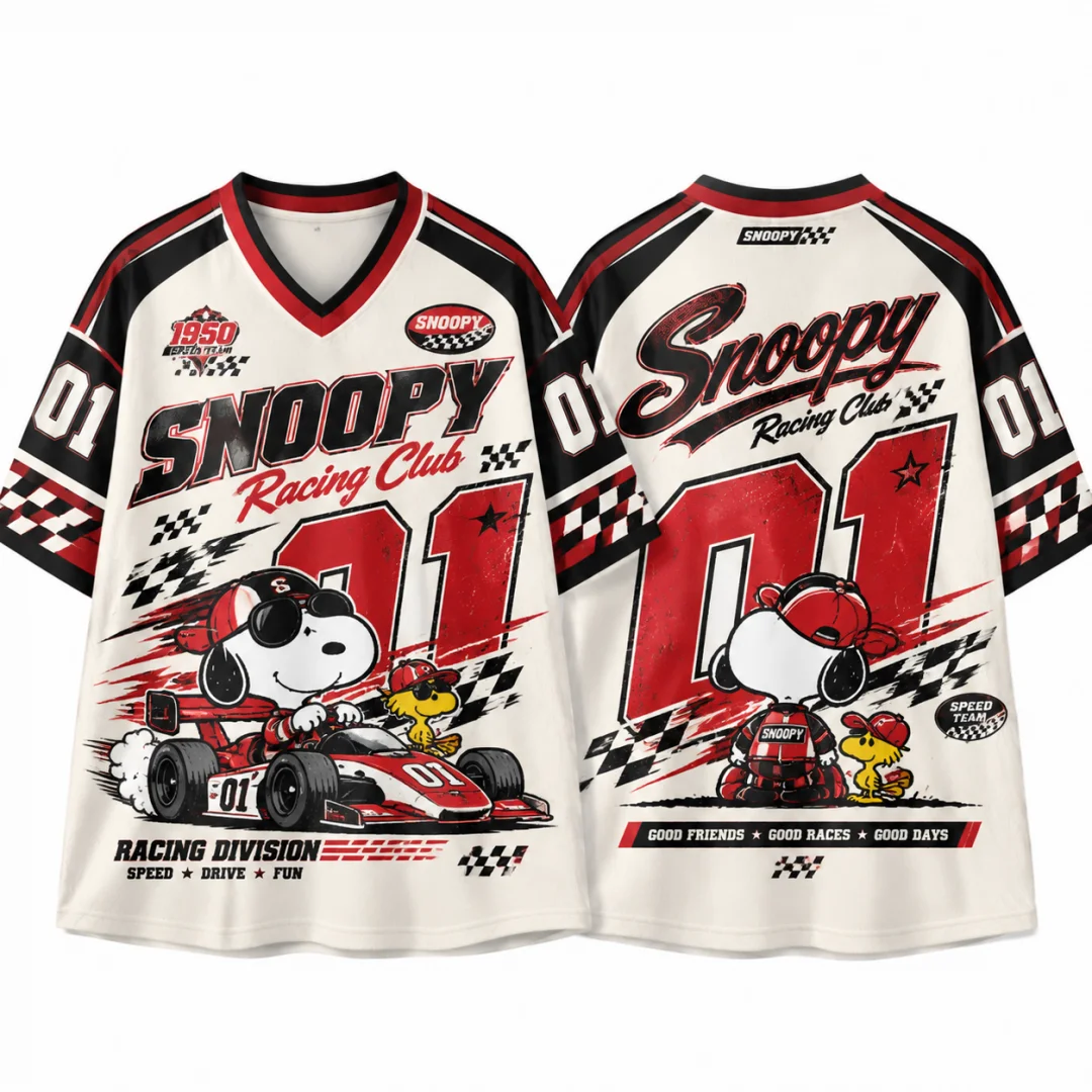 Snoopy Racing Club #01 Vintage Jersey T-shirt Kids & Adults Retro V-neck Short Sleeve Y2K Streetwear Cartoon Oversized Top