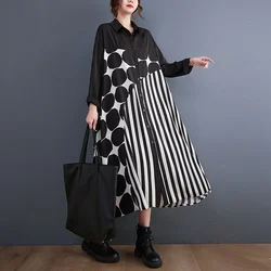#3330 Spring Polka Dot Printed Long Shirt Dress For Women Long Sleeve Loose Asymmetrical Vintage Dress Ladies Front Buttons