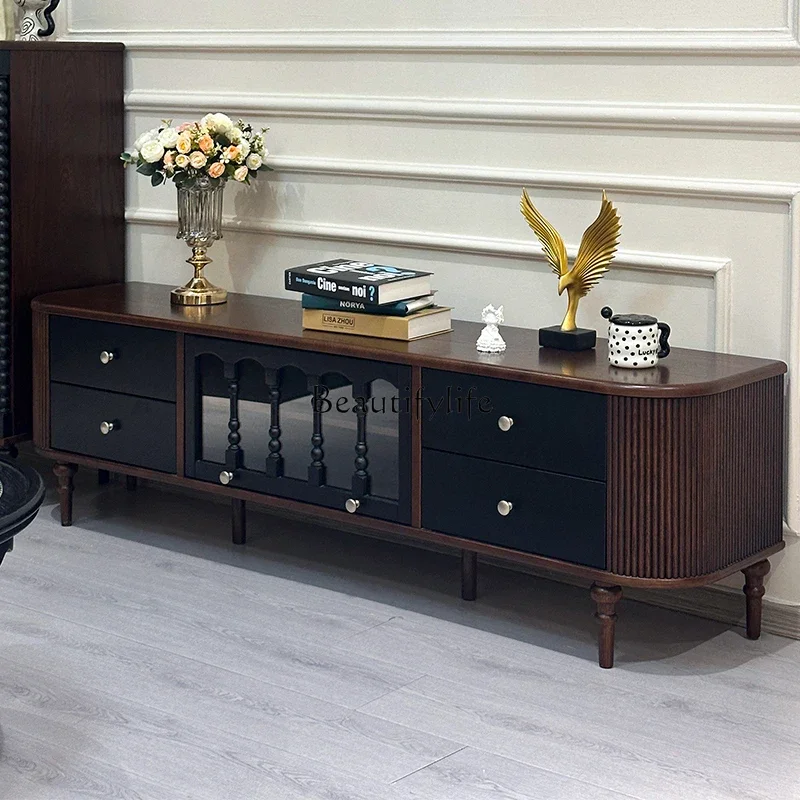 

yj7 yj7 French Retro Pure Solid Wood TV Cabinet Black American Style Small Apartment Living Room Floor Cabinet