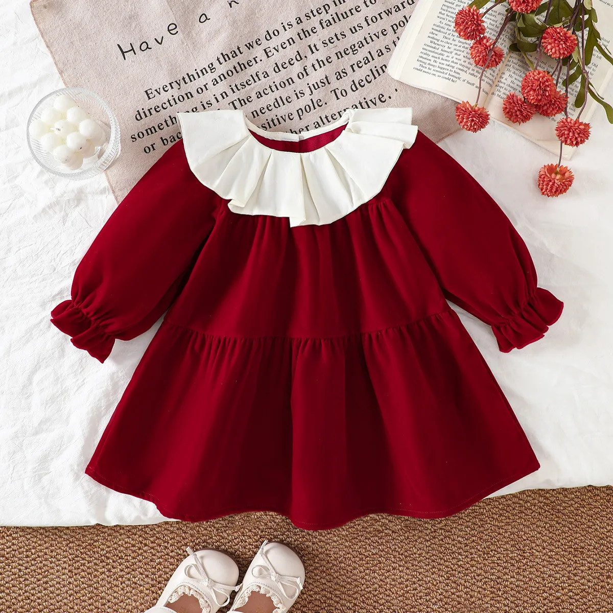Spring and Autumn New Girl Baby Lace Lotus Leaf Collar Red Dress Long Sleeve Children's Princess Dress Trendy