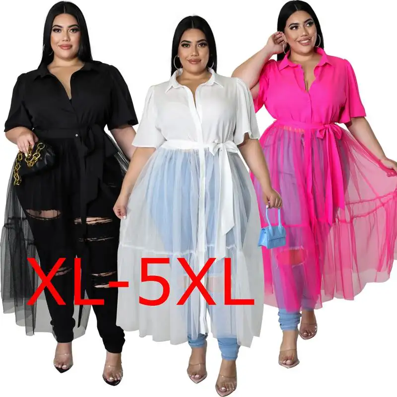 Spring  plus Size Long Blouse Ladies irt Fat Women High Waist  Ne Polyester Fiber A-Line Dr Commute Sle
