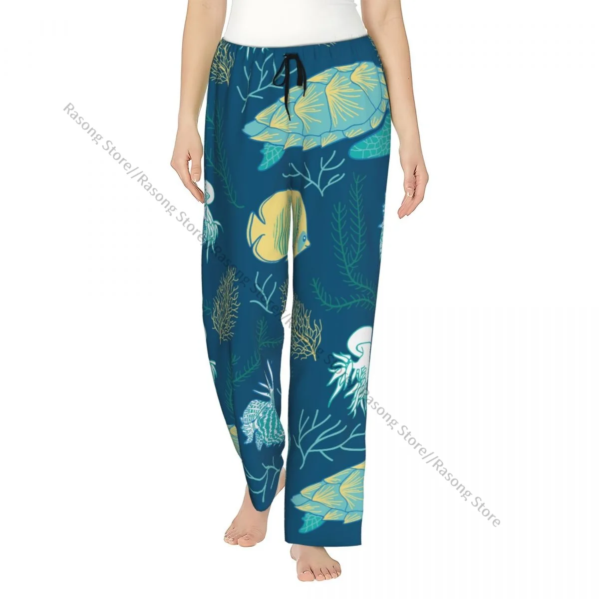 

Warm Women Pajama Pants Ocean Animals Fire Fish Turtle Jellyfish And Corals Flannel Sleep Bottoms Soft Fleece Loungewear