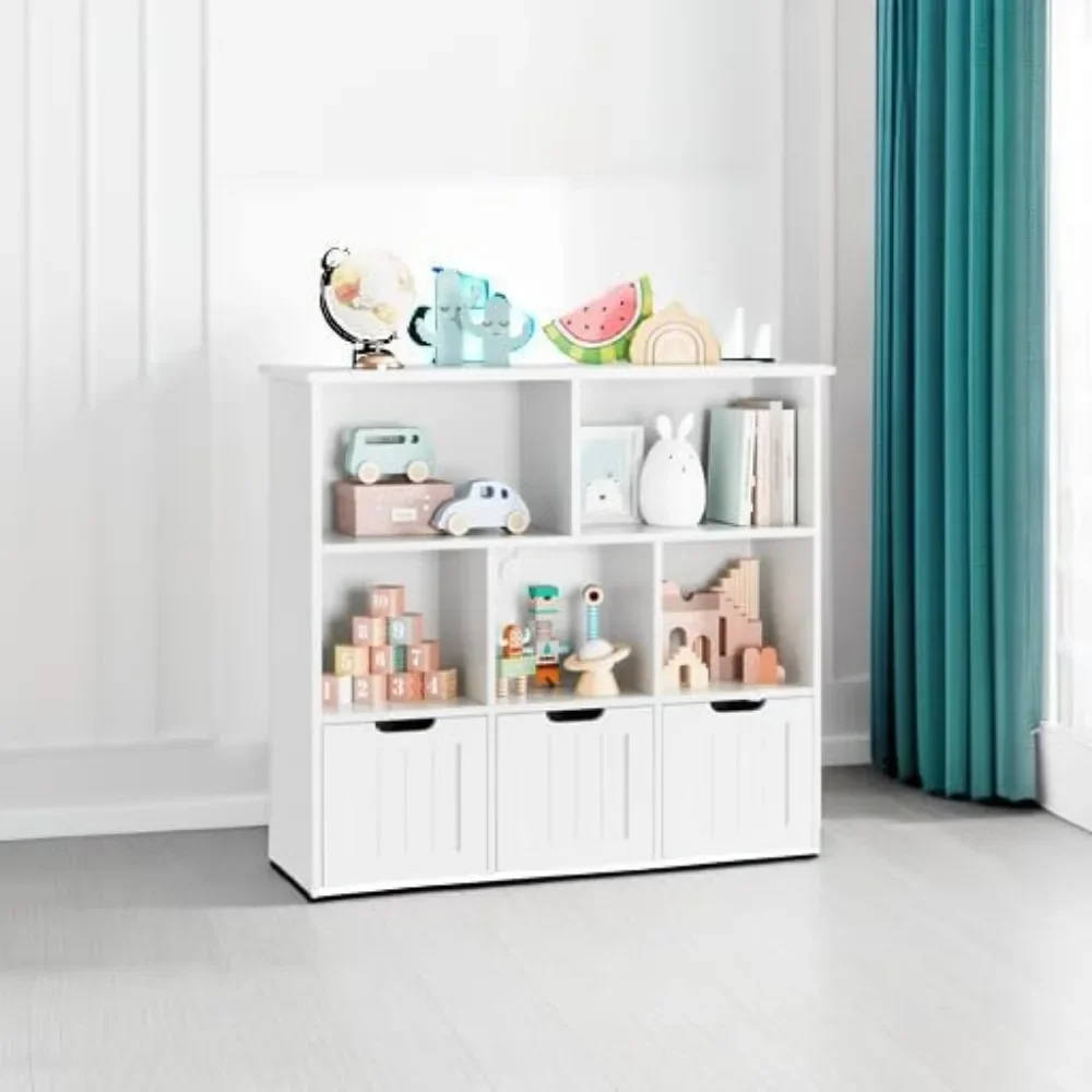 

Floor Storage Cabinet Toy Chest with Wheels and 5 Storage Cubbies for Playroom, Toy Storage Organizer with 3 Movable Drawers