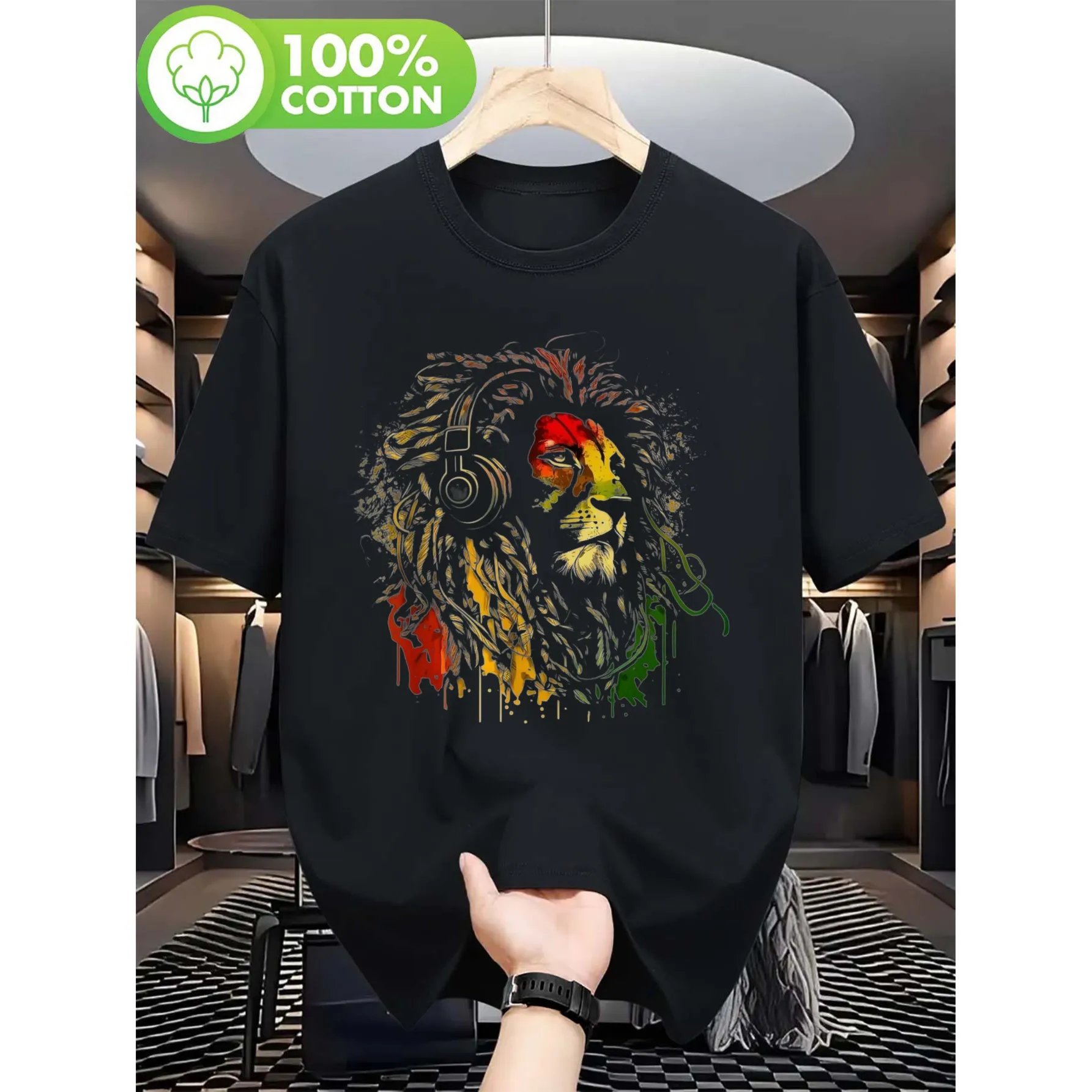 

Reggae Lion Headphones Graphic Tee Men's Soft Cotton Casual Round Neck T-Shirt Daily Wear