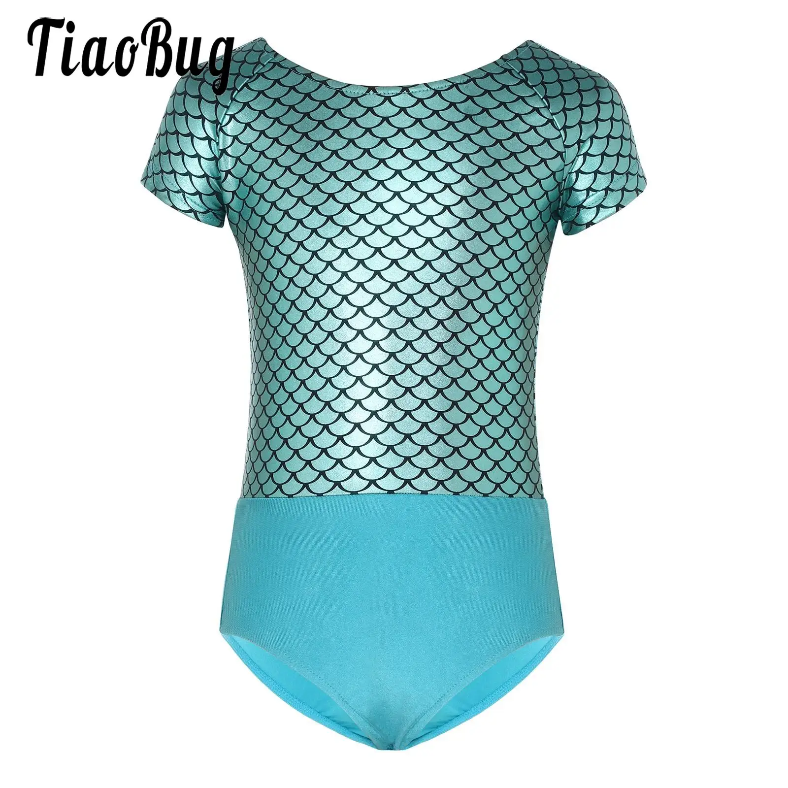 Kids Girls Metallic Fish Scale Print Unitards Ballet Leotard Short Sleeve Bowknot Back Bodysuit for Gymnastics Dance Performance