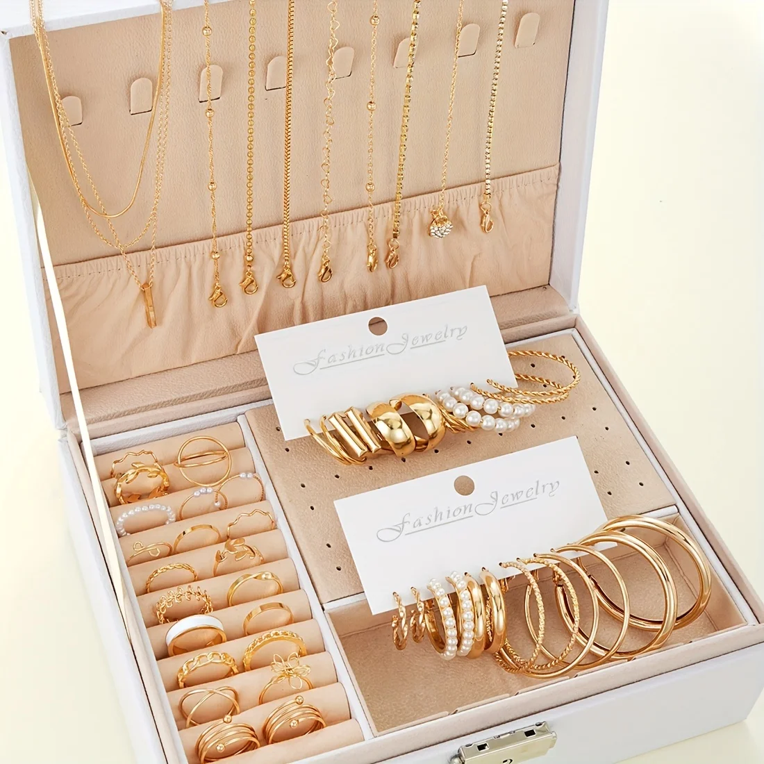 55pcs Without Box Legant Jewelry Set Geometric Rhinestone Faux Pearl Jewelry Set(necklace+earrings+rings)