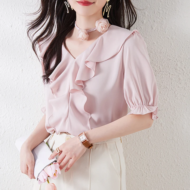 Nieuwe Dameskleding Chiffon Blouse Dames Koreaanse Shirts Dames Wit Roze Slim Fit Tops