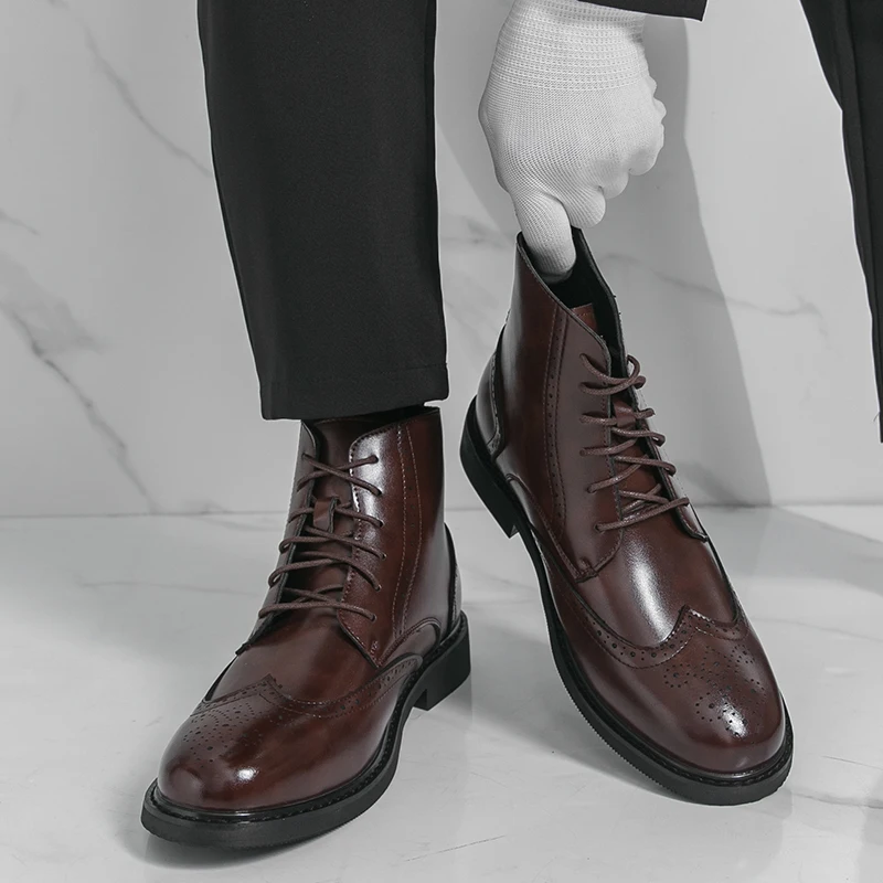 

Men High Top Boots PU Low Heel Lace Up Comfortable Bare Boots Classic Business Men Boots Size 38-46