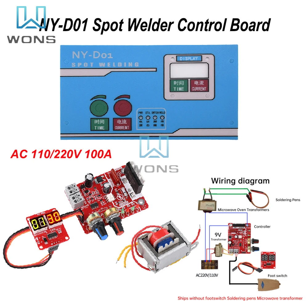 

100A NY-D01 Spot Welder Control Board Kit Digital Display Spot Welding Machine Time And Current Control Module AC 110/220V