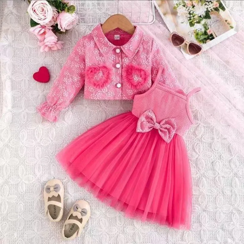 Girls Fashion 2 Piece Set Heart Pattern Jacket + Spaghetti Strap Dress European American 2026 New Arrival Trendy Outfit
