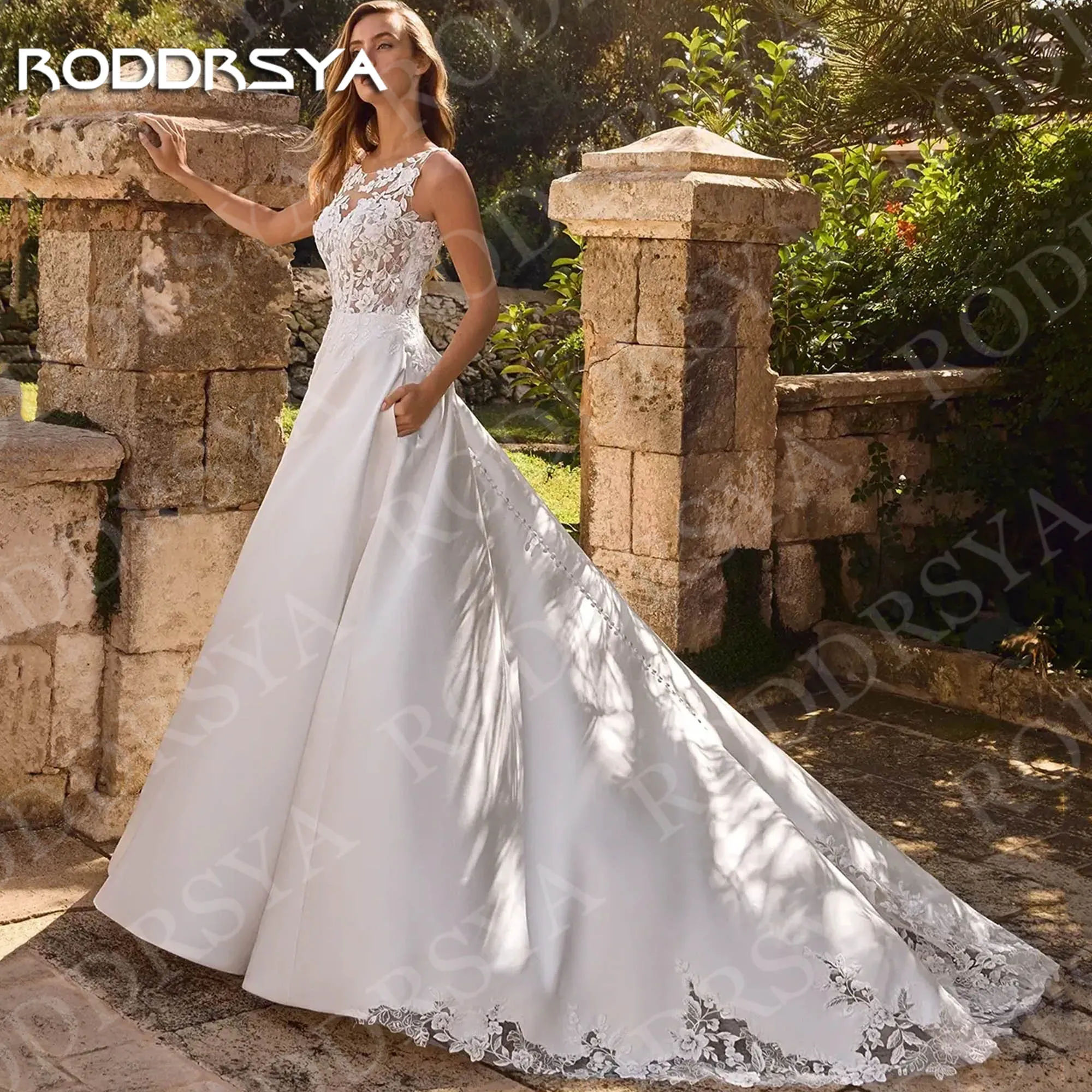 

RODDRSYA Wedding Dress Sleeveless Illusion O-Neck Applique Lace Satin Bridal Dresses Open Back Customized robes de mariée 2026