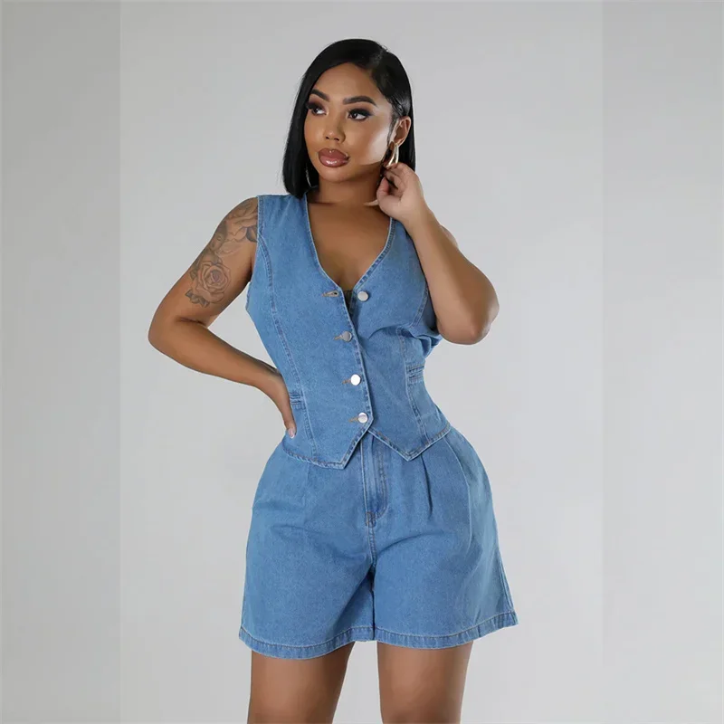 Summer V Neck Sleeveless Waistcoats Women Two Piece Sets Straight Denim Shorts Female Suits Casual Single-breasted Cardigan Vest