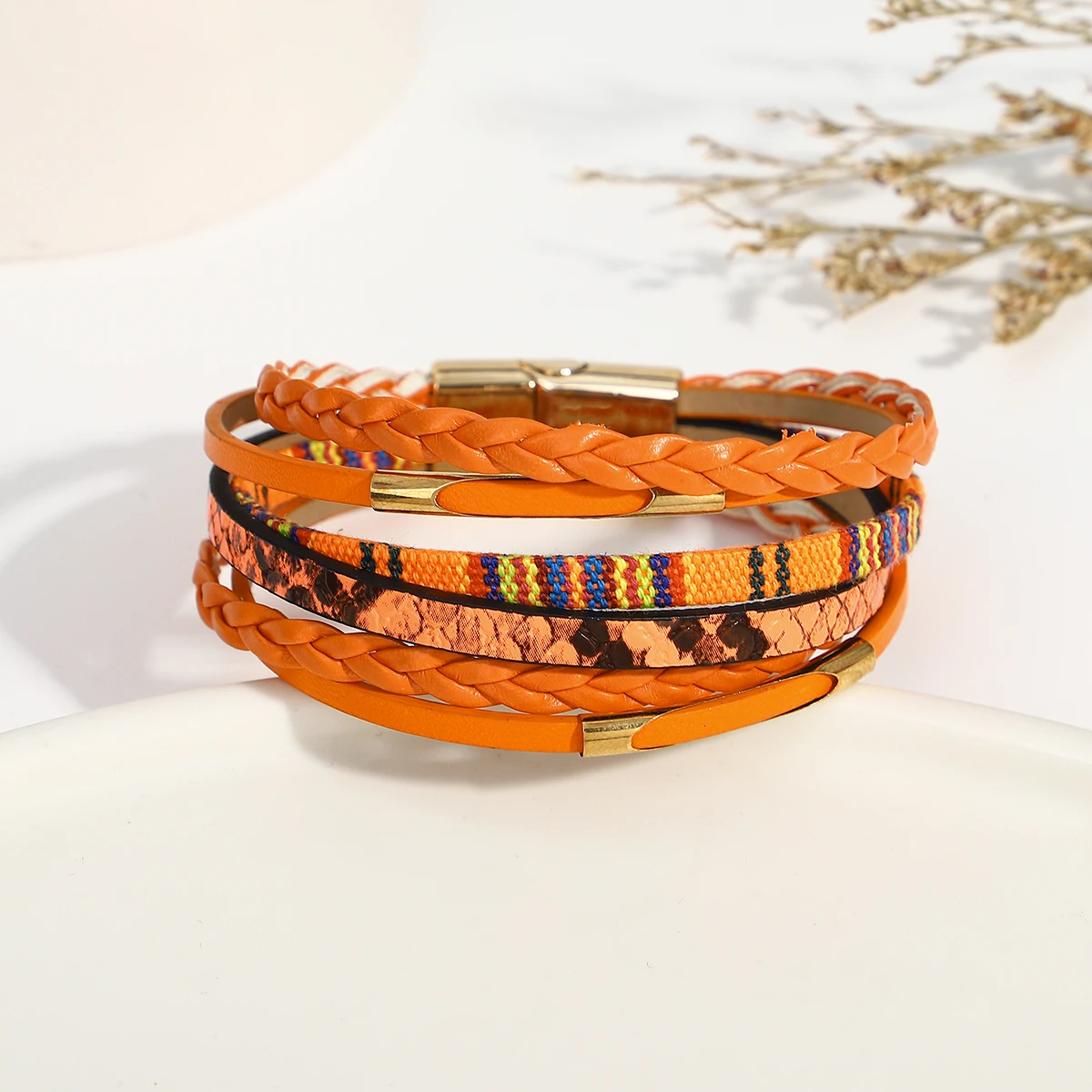 Amorcome Multilayer Braided Wrap Bracelet for Women Men Charm Orange Color Leather Bracelets & Bangles Female Jewelry Gifts