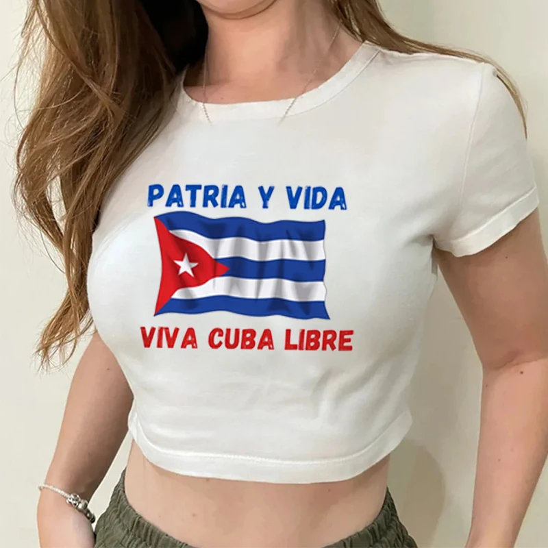 Patria Y Vida Women\'s Cropped Top Cuba Cuban Flag T-Shirt Homeland and Life Patria Y Vida Sos  Viva Cuba Libre Sexy Hot Girl Top