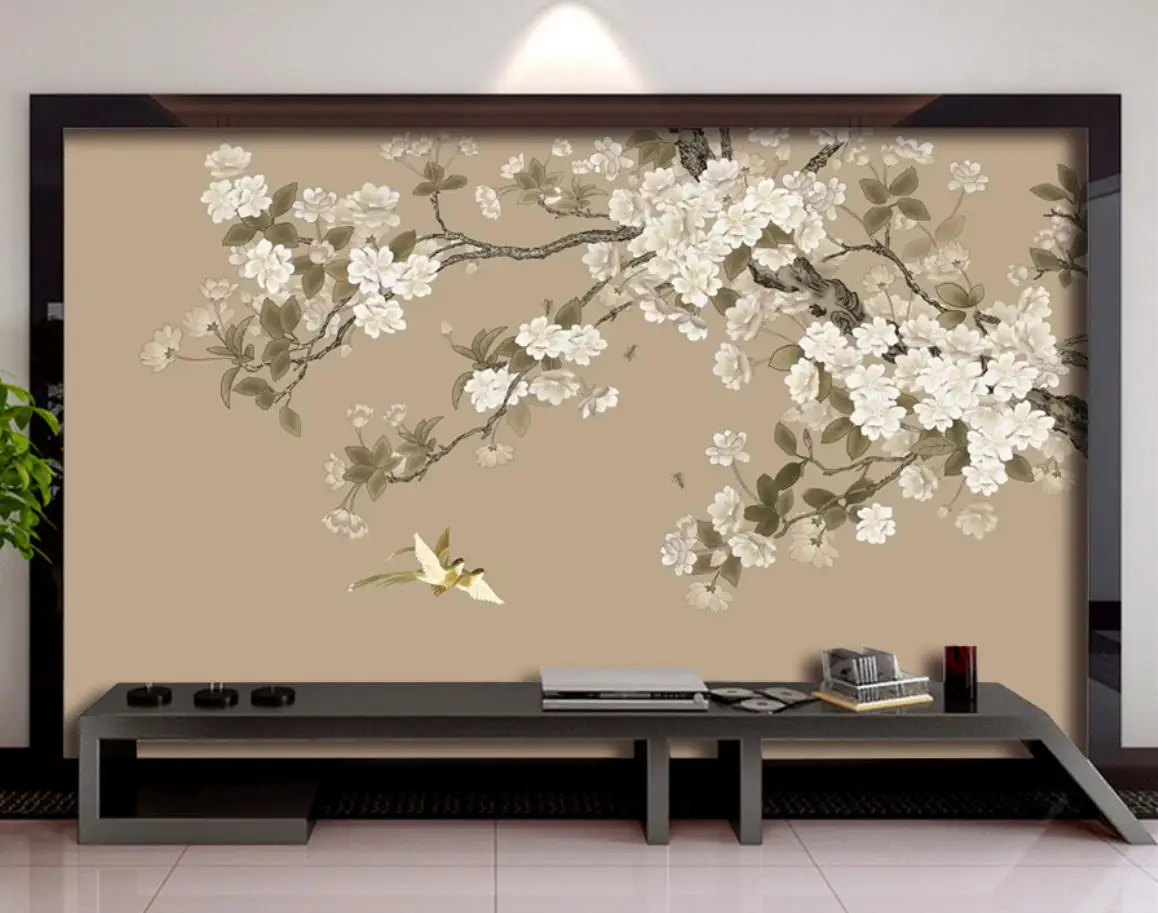 

Custom Wallpaper Hand painted brushwork Magnolia Flowers and birds TV Sofa Background wall Relief material self-adhesive mural