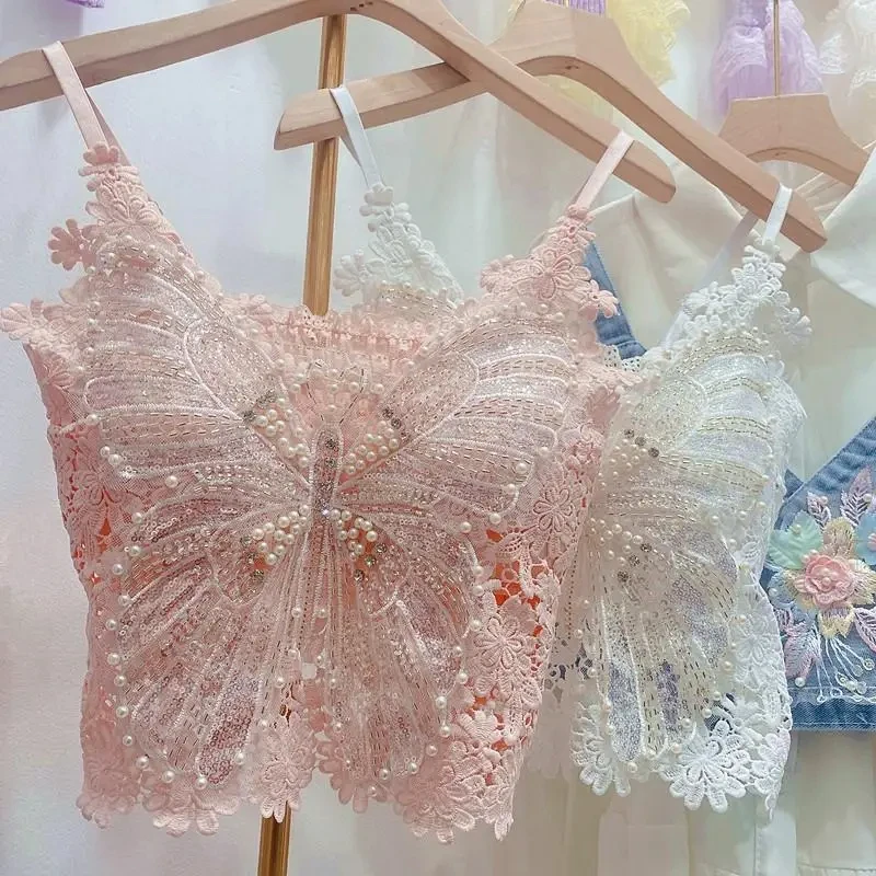 Odzież damska Ciężkie koraliki Kwiatowy Tank Sexy Crop Tops Ropa Mujer Lace Butterfly Top Navel Baring Sexy Cropped Top Summer Camis