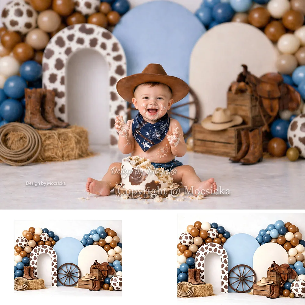 Mocsicka Baby Cake Smash Backdrop Photography Cowboy Airplane Butterfly Arch Balloon Background Boy Girl Birthday Party Photo