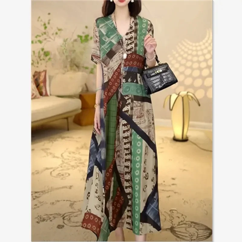 فستان صيفي جديد للنساء موضة الأزهار طباعة قصيرة الأكمام فساتين الشيفون امرأة عادية فضفاض ألف خط ميدي فستان الإناث