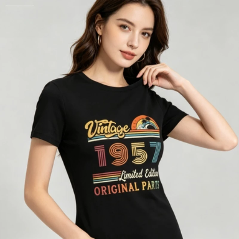 Ladies Crew Neck T‑Shirt Retro 1957 Original Parts Vintage Art Print Short Sleeve  Trendy Palm Tree Sunset Casual Tops for Women