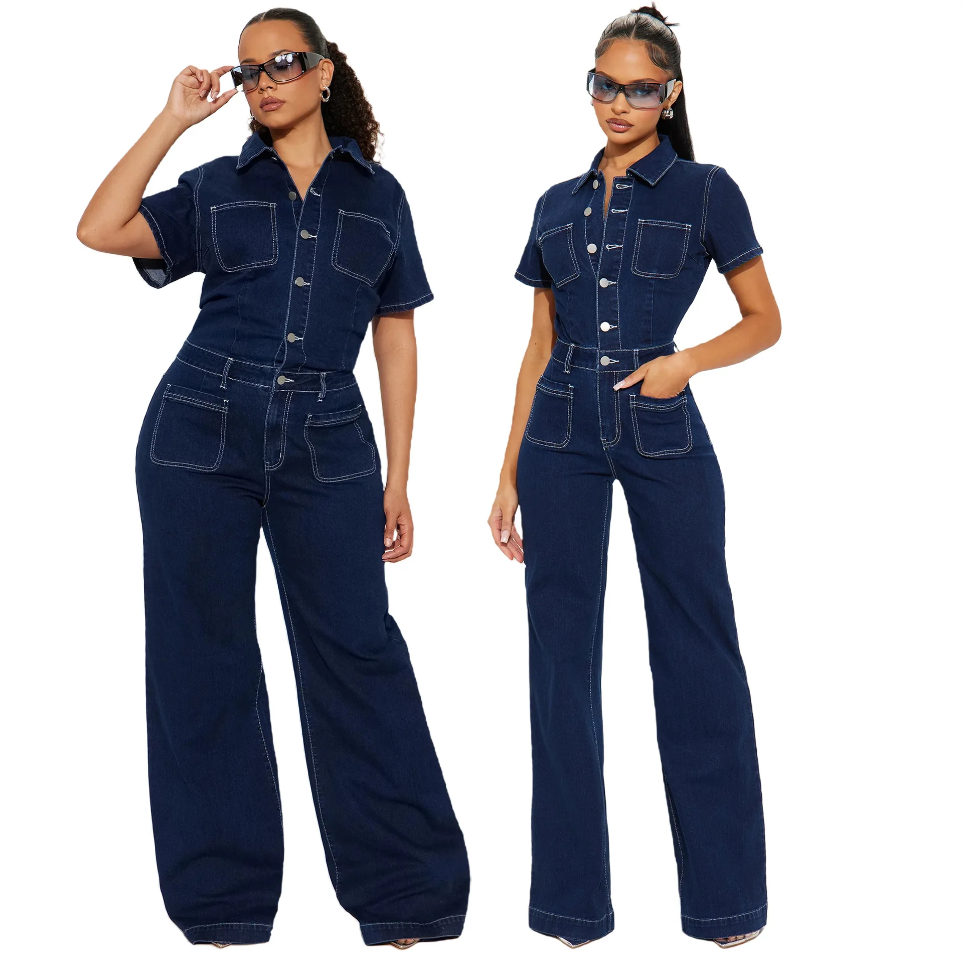 

Fashion Woman Jeans Short-sleeved Denim Jumpsuit Wide-leg Pants Elastic Turn Down Neck Butons Casual Rompers Real Picture