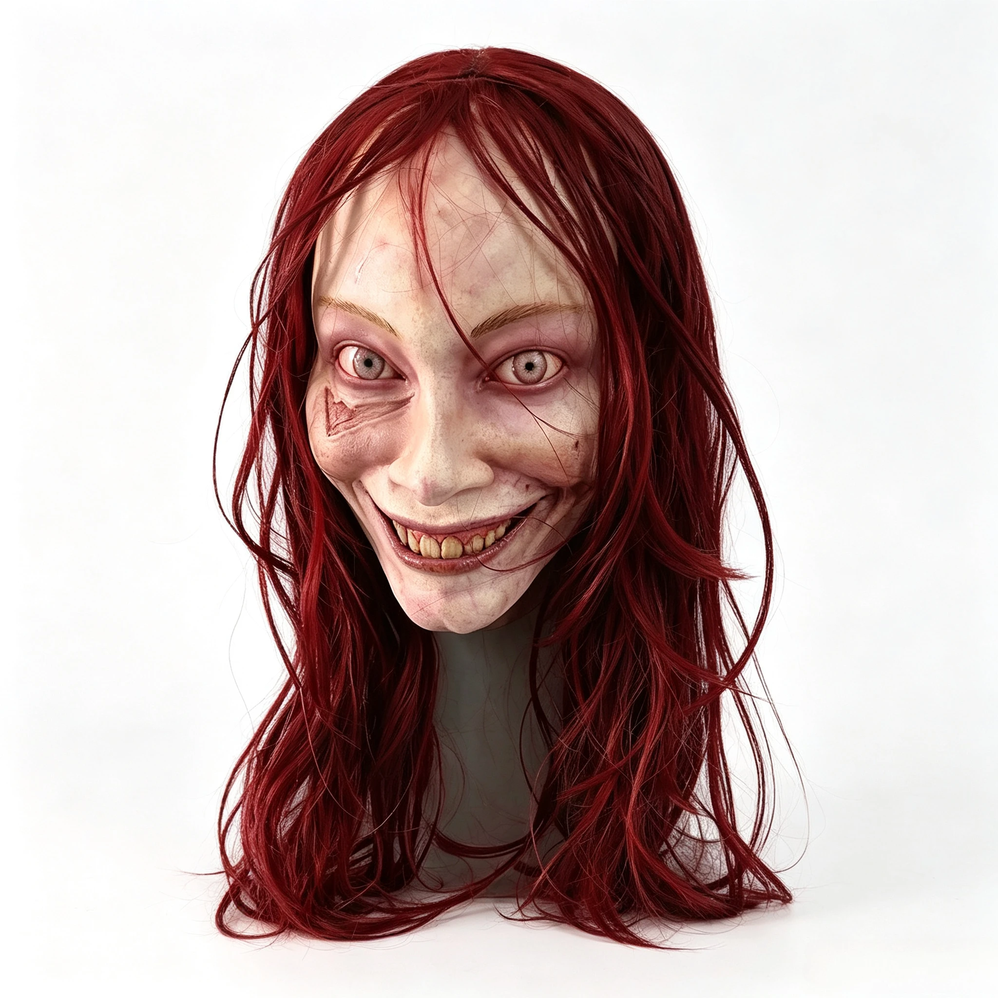 1Pc Creepy Full Head Mask with Wine Red Wig, Smiling Scarred Face Design, Adult Halloween Cosplay Party Decor