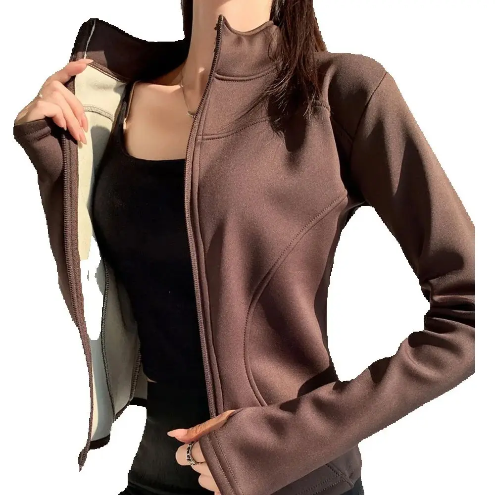 

Осень-зима женская спортивная куртка для велоспорта и фитнеса, бархатная молния с длинными рукавами, облегающая толстовка с капюшоном, верхняя одежда