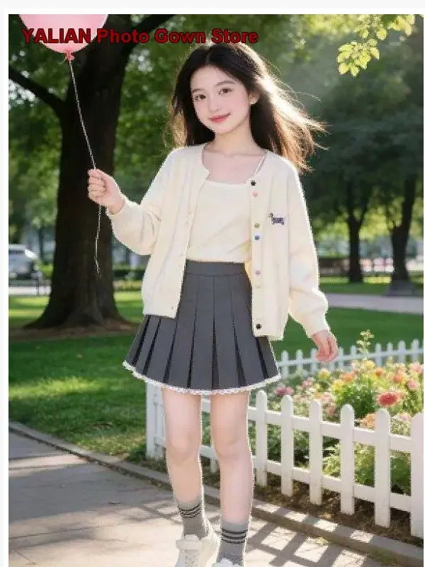 Girls Two-Piece Set Spring Autumn Candy Color Button Front Stylish Top Pleated Skirt Suit